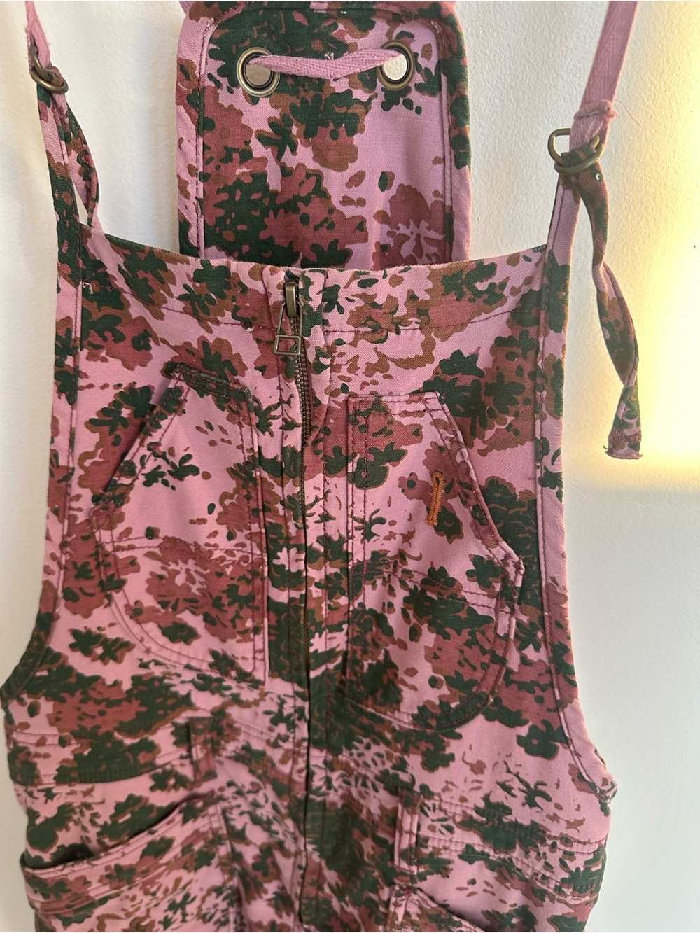Anthropologie Pink & Olive Floral Bib Jumpsuit - Picture 2 of 3